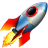 Cartoon rocket with red fins blasting off